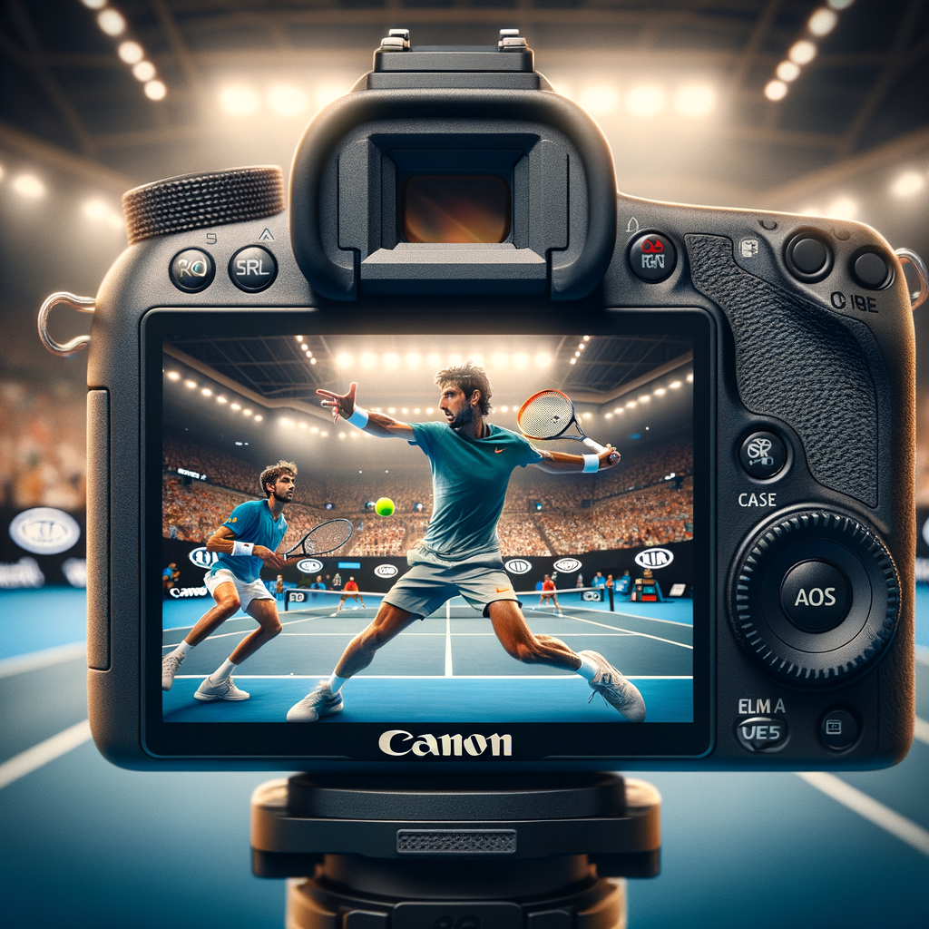A canon dslr camera with a tennis player on it.