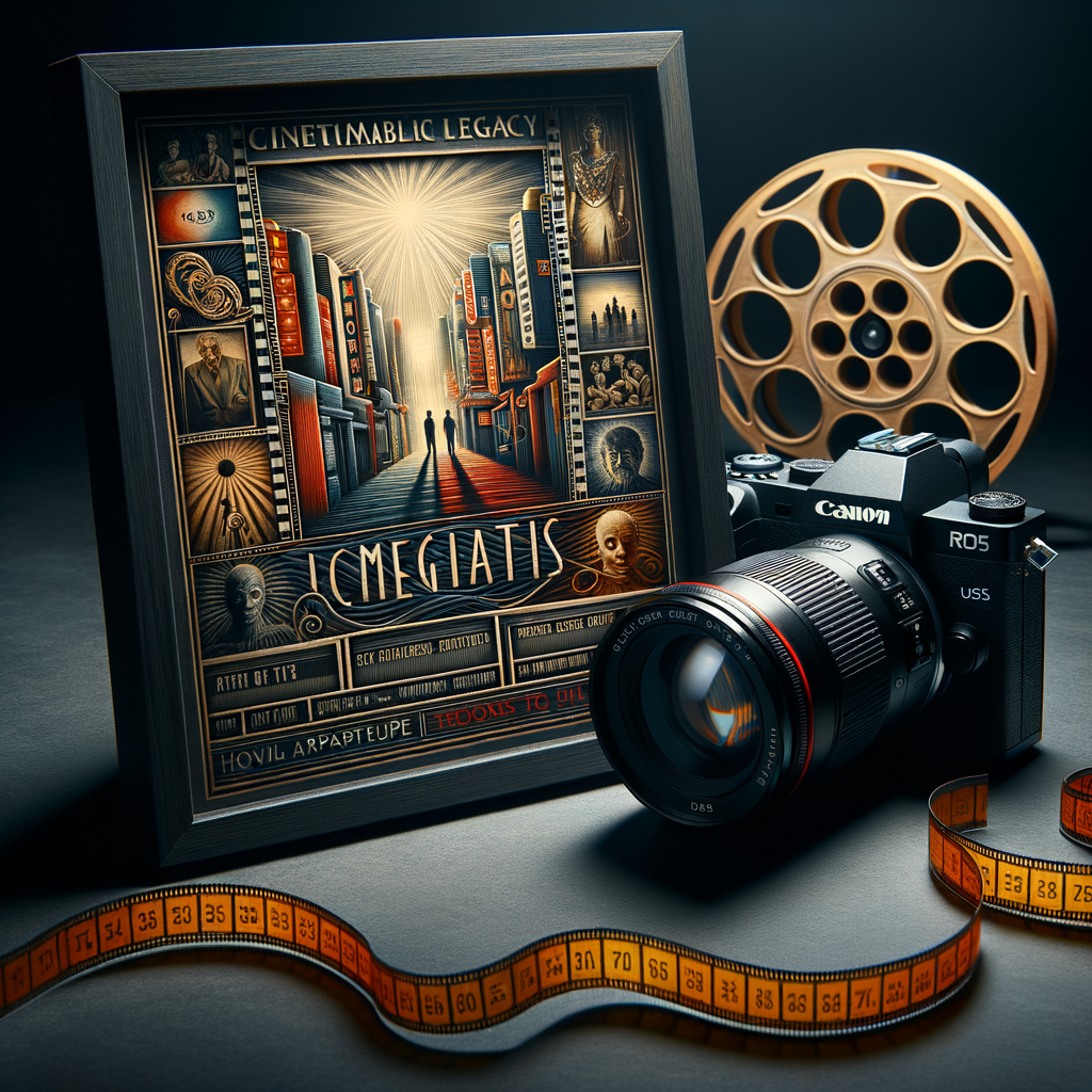 A camera with a film reel next to a framed poster.